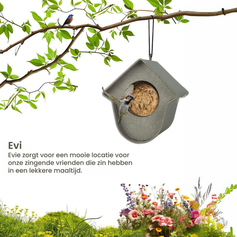 Singing Friend EVIE - Bird Feeder - 100% Recycled Material - Grey with Leaves Front - Sustainable Bird Feeder