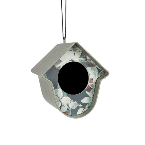 Singing Friend EVIE - Bird Feeder - 100% Recycled Material - Grey with Leaves Front - Sustainable Bird Feeder