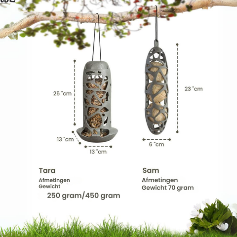 Singing Friend TARA - Bird Feeder - 100% Recycled Material - Grey - For Fat Balls and Fat Rolls - Including Recycled rPET Rope - Sustainable Bird Feeder